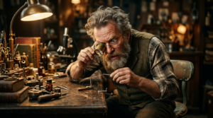 Older man using a loupe to examine small watch parts on a cluttered workbench